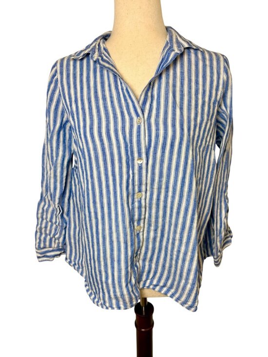 J. Jill Tops - J.Jill Blue White Striped 100% Linen Roll Tab Button-Down Shirt Extra Small